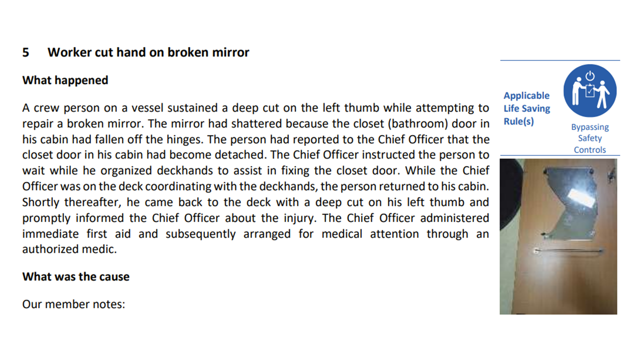 Worker cut hand on broken mirror