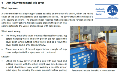 Arm injury from metal skip cover