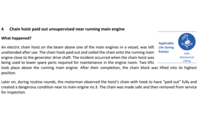 Chain hoist paid out unsupervised near running main engine