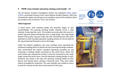 Crew member injured by rotating crank handle