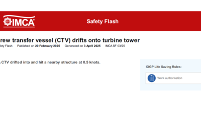 Crew transfer vessel CTV drifts onto turbine tower