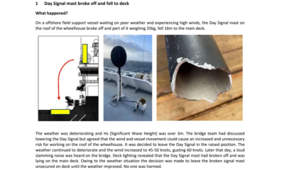 Day Signal mast broke off and fell to deck