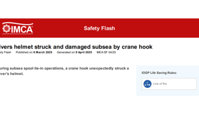 Divers helmet struck and damaged subsea by crane hook