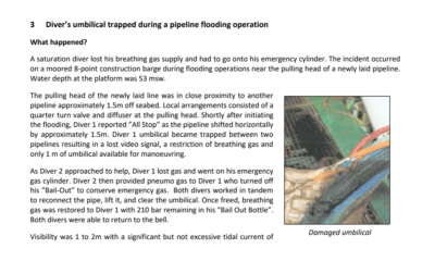 Divers umbilical trapped during a pipeline flooding operation