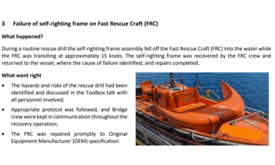 Failure of self righting frame on Fast Rescue Craft FRC