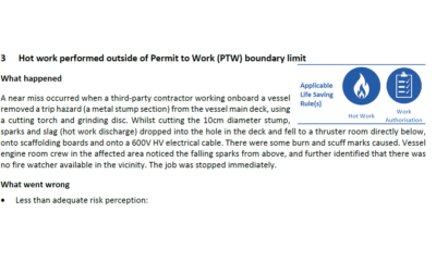 Hot work performed outside of Permit to Work PTW boundary limit