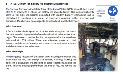 Lithium ion battery fire destroys vessel bridge