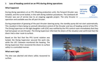 Loss of heading control on an FPU during diving operations