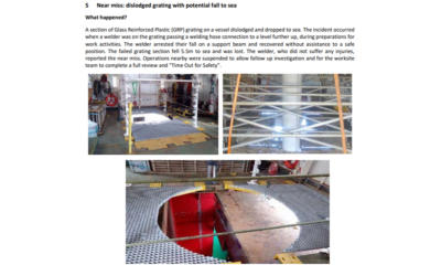 Near miss dislodged grating with potential fall to sea
