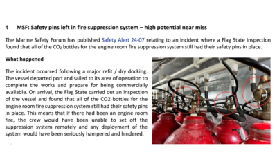 Safety pins left in fire suppression system high potential near miss