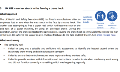 UK HSE worker struck in the face by a crane hook