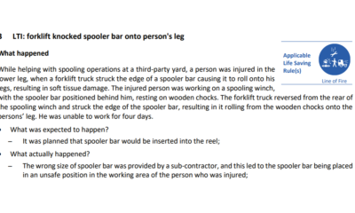 Forklift knocked spooler bar onto persons leg