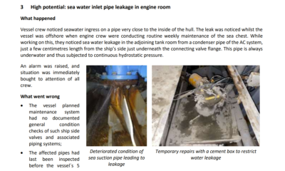 Sea water inlet pipe leakage in engine room