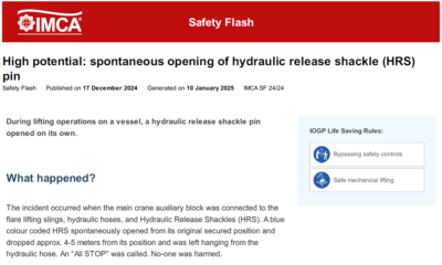 Spontaneous opening of hydraulic release shackle HRS pin