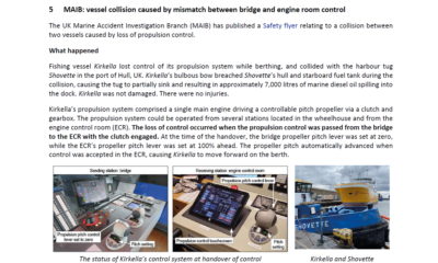 Vessel collision caused by mismatch between bridge and engine room control