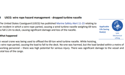 Wire rope hazard management dropped turbine nacelle