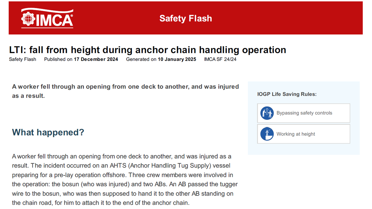 Fall from height during anchor chain handling operation