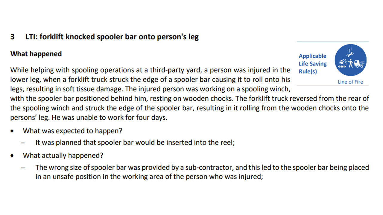 Forklift knocked spooler bar onto persons leg