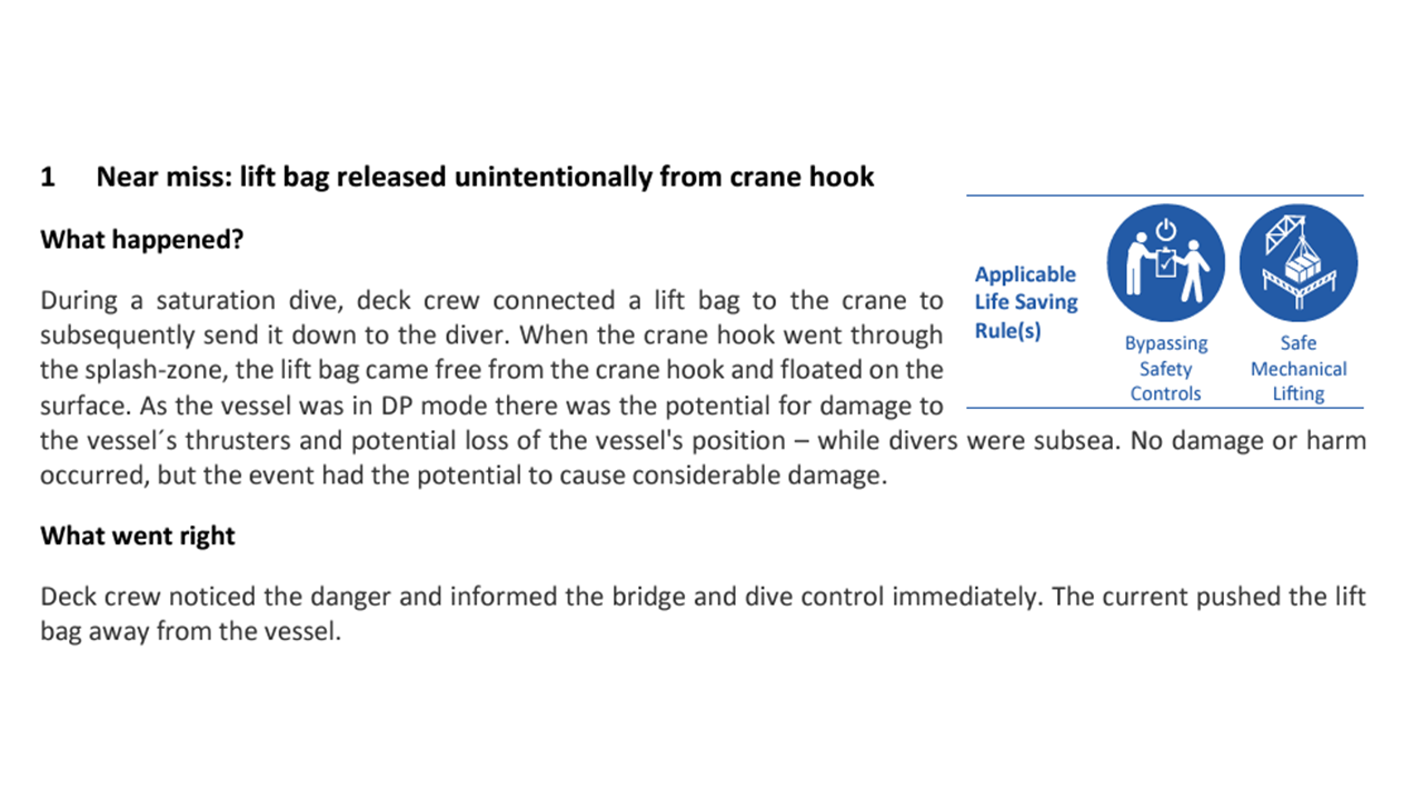 Lift bag released unintentionally from crane hook