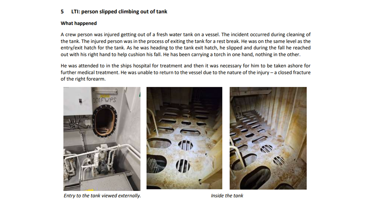 Person slipped climbing out of tank