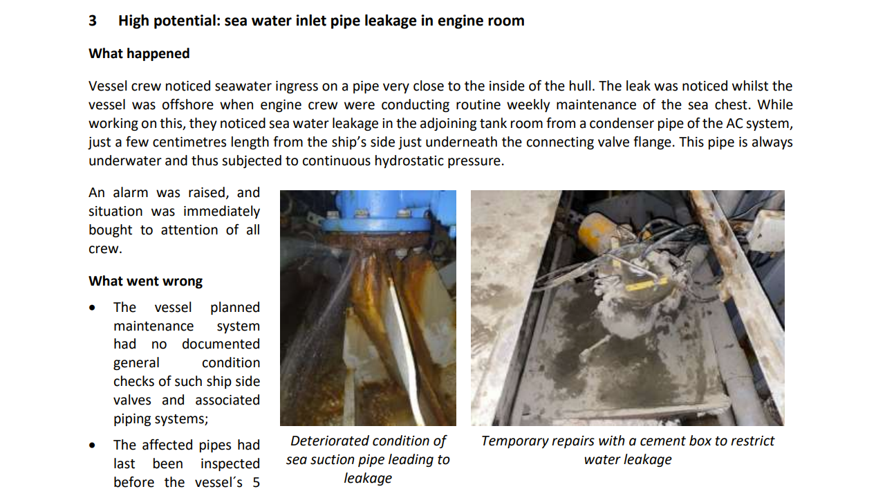 Sea water inlet pipe leakage in engine room