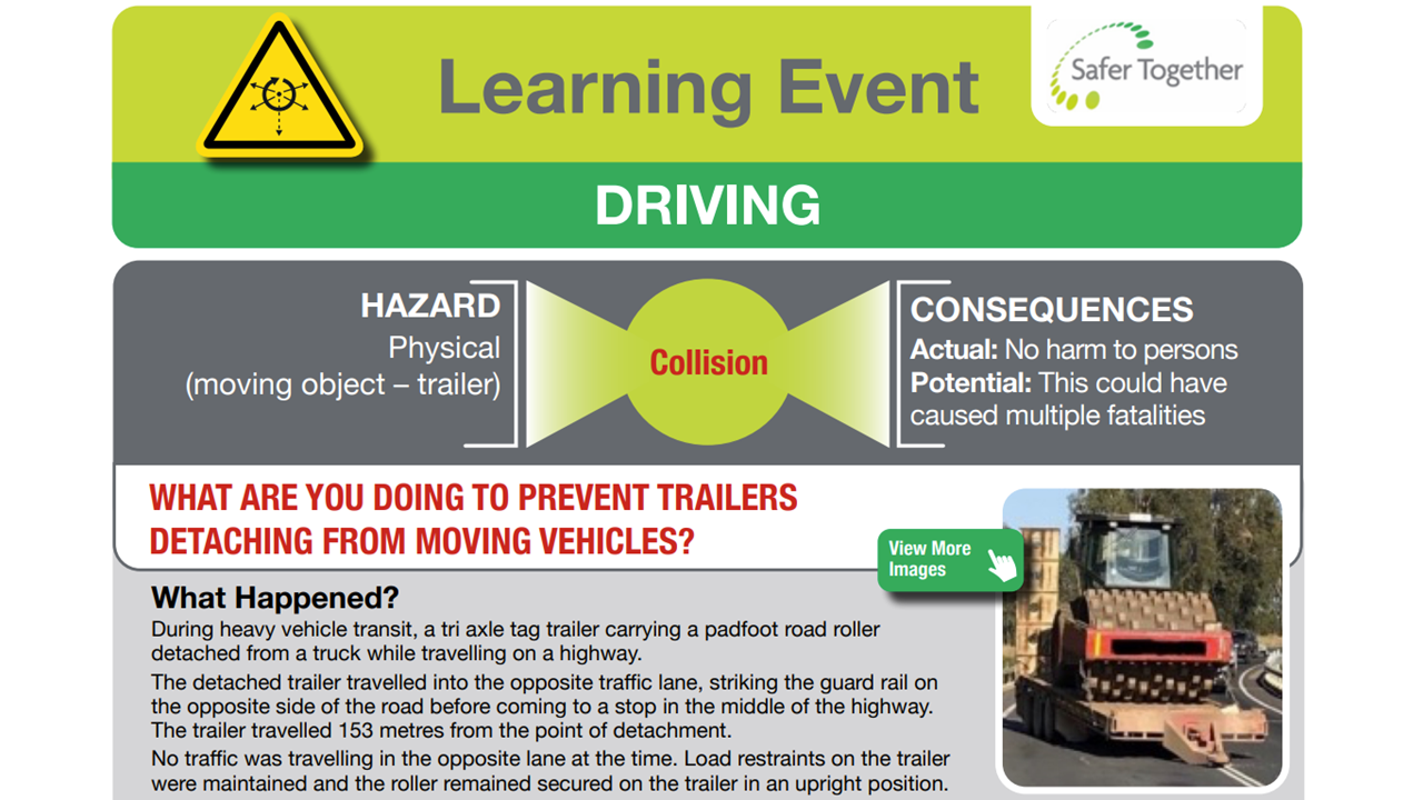 Trailer detached from moving vehicle