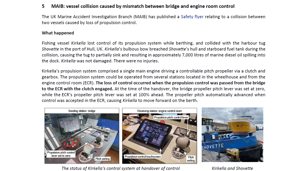 Vessel collision caused by mismatch between bridge and engine room control