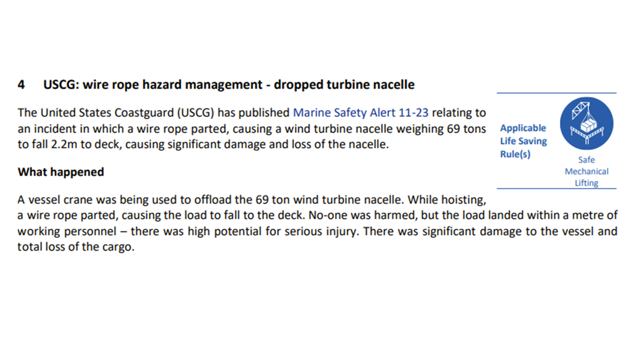 Wire rope hazard management dropped turbine nacelle